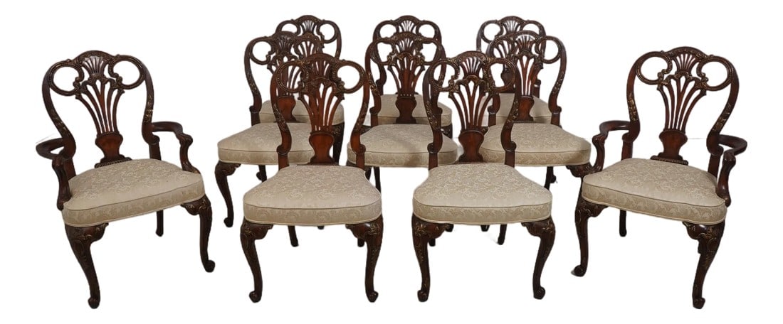 Set of 10 Theodore Alexander Mahogany Georgian Style Dining Chairs: Age Approx. 20 Years Old Details Factory Distressing Mahogany Fine Carved Details High Quality Construction Georgian Style Queen Anne Legs Pad Feet Scroll Feet Gold Highlights Unmarked As