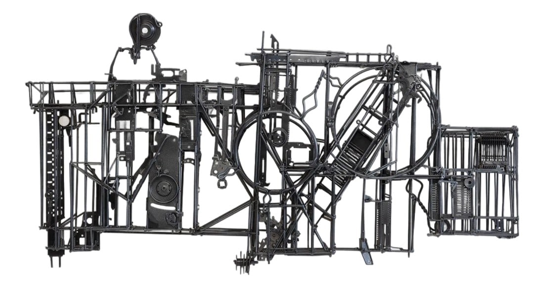 Max Neufeldt Metal Assemblage Sculpture 1990c: Max Neufeldt Metal Assemblage Sculpture 1990c Dimensions: 19"high x 37" wide 7.25" deep Condition: Very good original vintage condition This striking metal collage is an original work by renowned