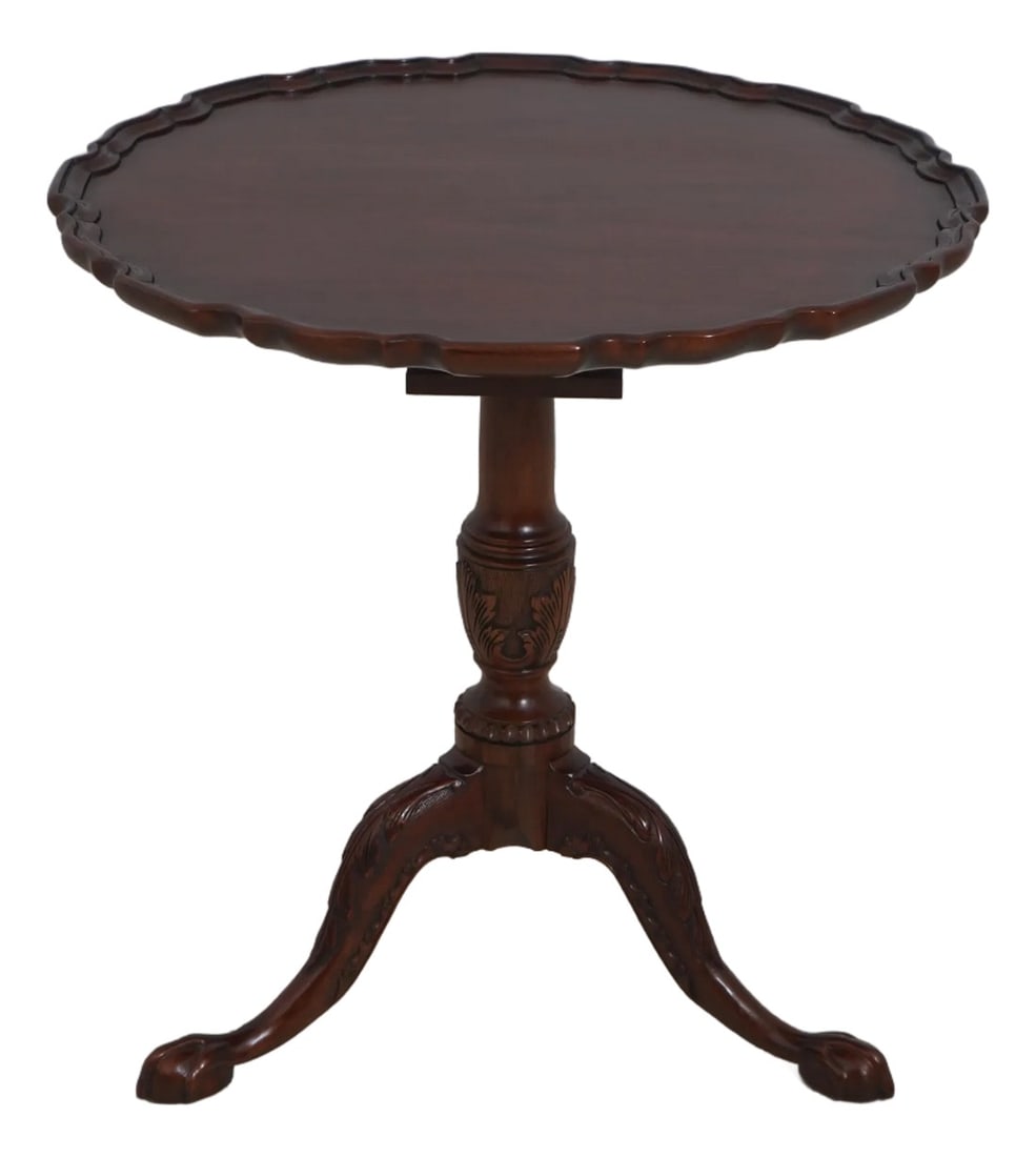 Henkel Harris Mahogany Tilt-Top Piecrust Table: Age C.1990 Details Number 29 Finish Mahogany Piecrust Gallery Top Scalloped Edge Top Fine Carved Details High Quality Construction Queen Anne Legs Pad Feet Ball And Claw Feet Revolving