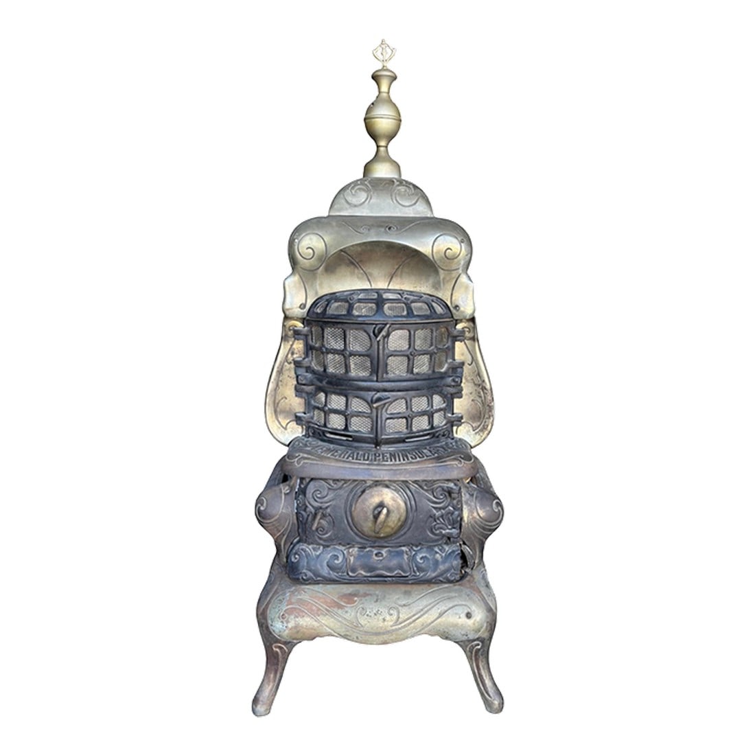 Antique Victorian Cast Iron Parlor Stove – Emerald Peninsular, Peninsular Stove Co.: Striking antique cast iron parlor stove manufactured by Peninsular Stove Company, identified by multiple original cast marks including "Emerald Peninsular" and factory locations Detroit, Chicago, and