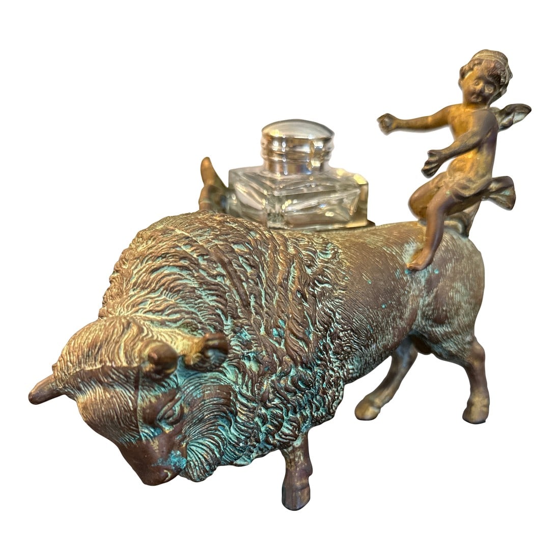 Late 19th Century American Bison Bronze Ink Well: Antique Bison ink well. The glass input is not the originality is new. This is special ink well from the expansion of the west. Condition: Alterations: Original Condition Unaltered Imperfections: