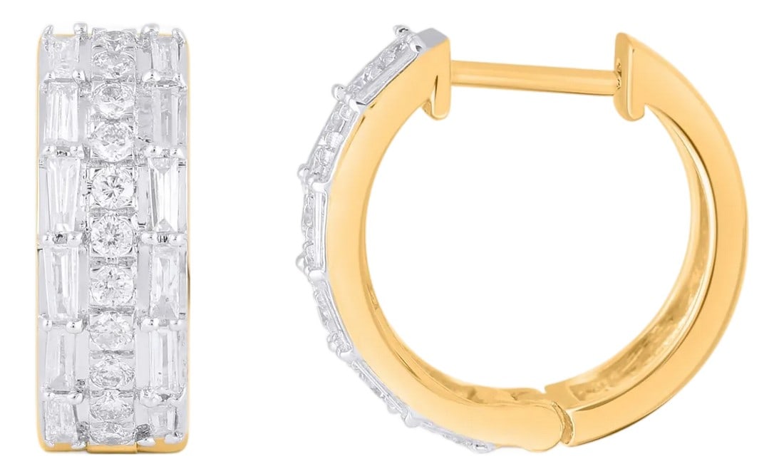 10K Yellow Gold Round Baguette Diamond Designer Hoop Earring 5/8 Cttw, A Pair: Golden Aura: 10K Yellow Gold & 5/8 Cttw Diamond Hoop EarringsClassic Glamour with a Designer TwistIlluminate your profile with these 5/8 Cttw diamond designer hoop earrings. Cast in warm 10K yellow