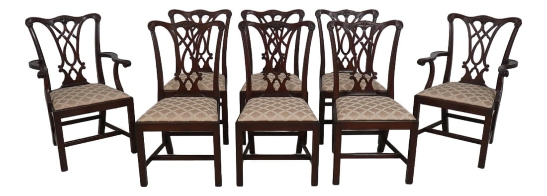 Set of 8 Henkel Harris Mahogany Dining Chairs: Age C.1997 Details Finish Number 29 Model 107 Mahogany Fine Carved Details High Quality Construction 18th Century Design Chippendale Style Tack Head Trim Offered At A Fraction Of The