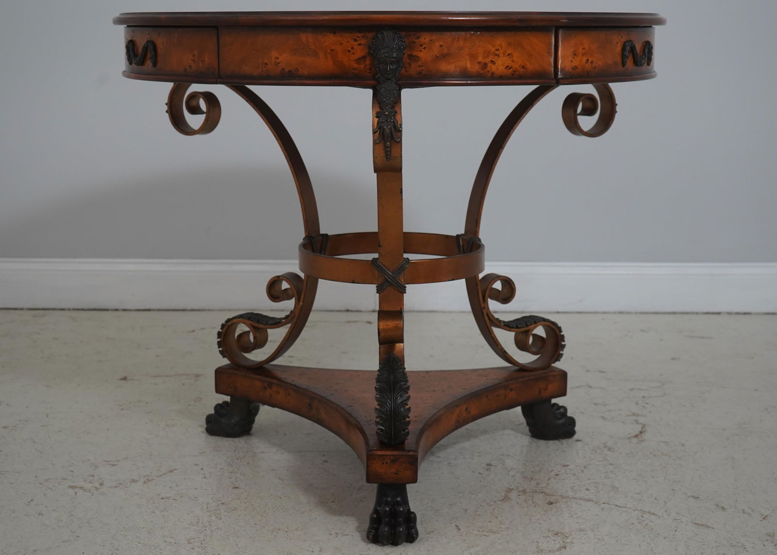 Theodore Alexander Round Iron and Burl Walnut Drum Table - 2