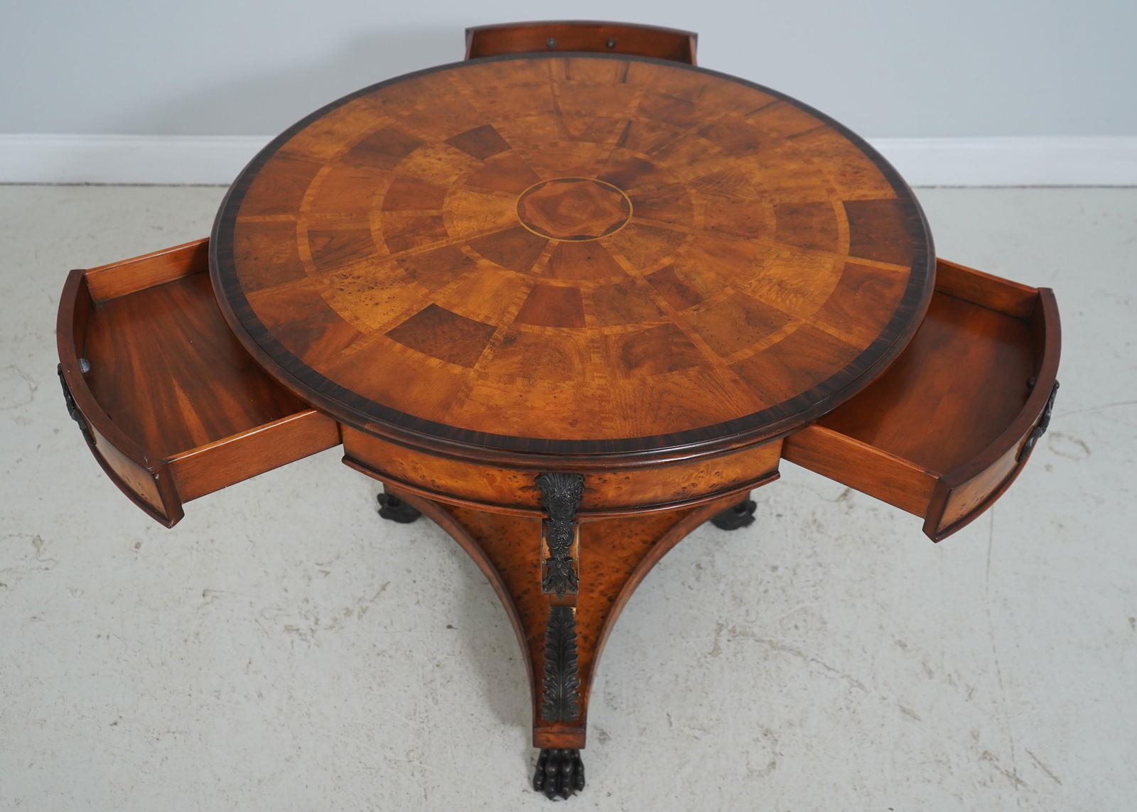 Theodore Alexander Round Iron and Burl Walnut Drum Table - 3