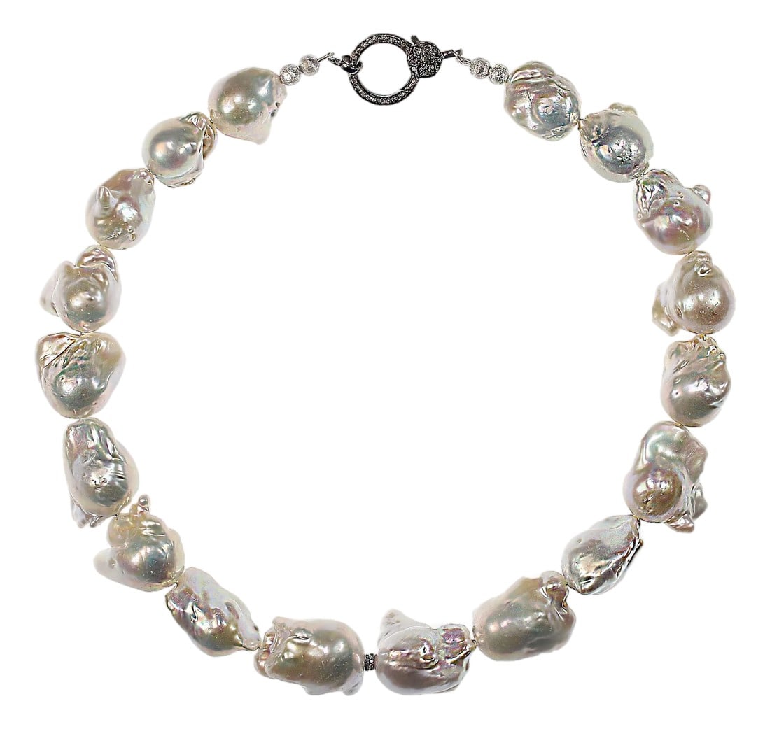 Ajd 18 Inch Magnificent White Baroque Pearl Necklace: An 18"‘inch white baroque pearl necklace like this deserves a description that truly matches its presence. This piece showcases a strand of magnificent, gently graduated baroque pearls ranging