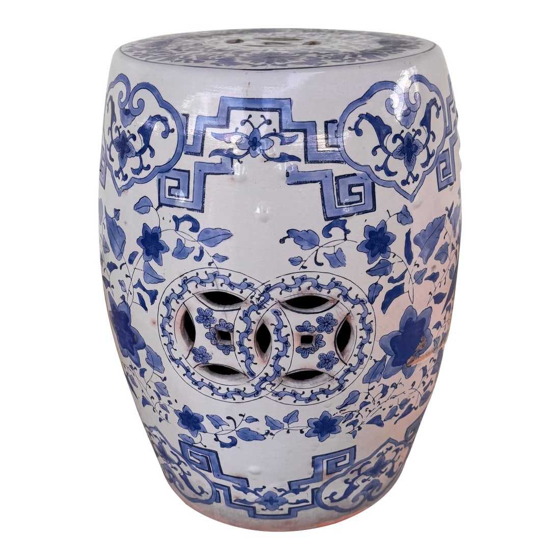 Vintage Terracotta Blue and White Chinese Garden Stool: Vintage Chinese garden stool crafted in glazed terracotta, featuring a classic blue and white palette with traditional decorative motifs. Both sculptural and functional, this versatile piece works