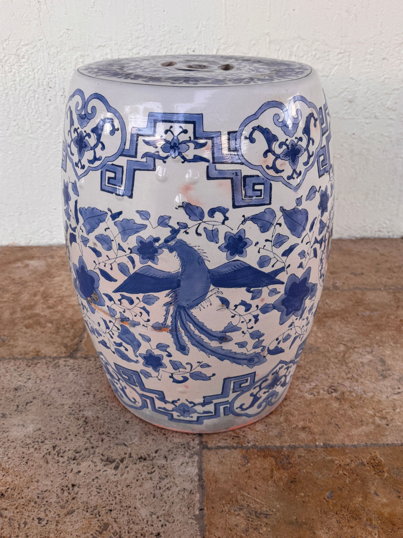 Vintage Terracotta Blue and White Chinese Garden Stool - 2