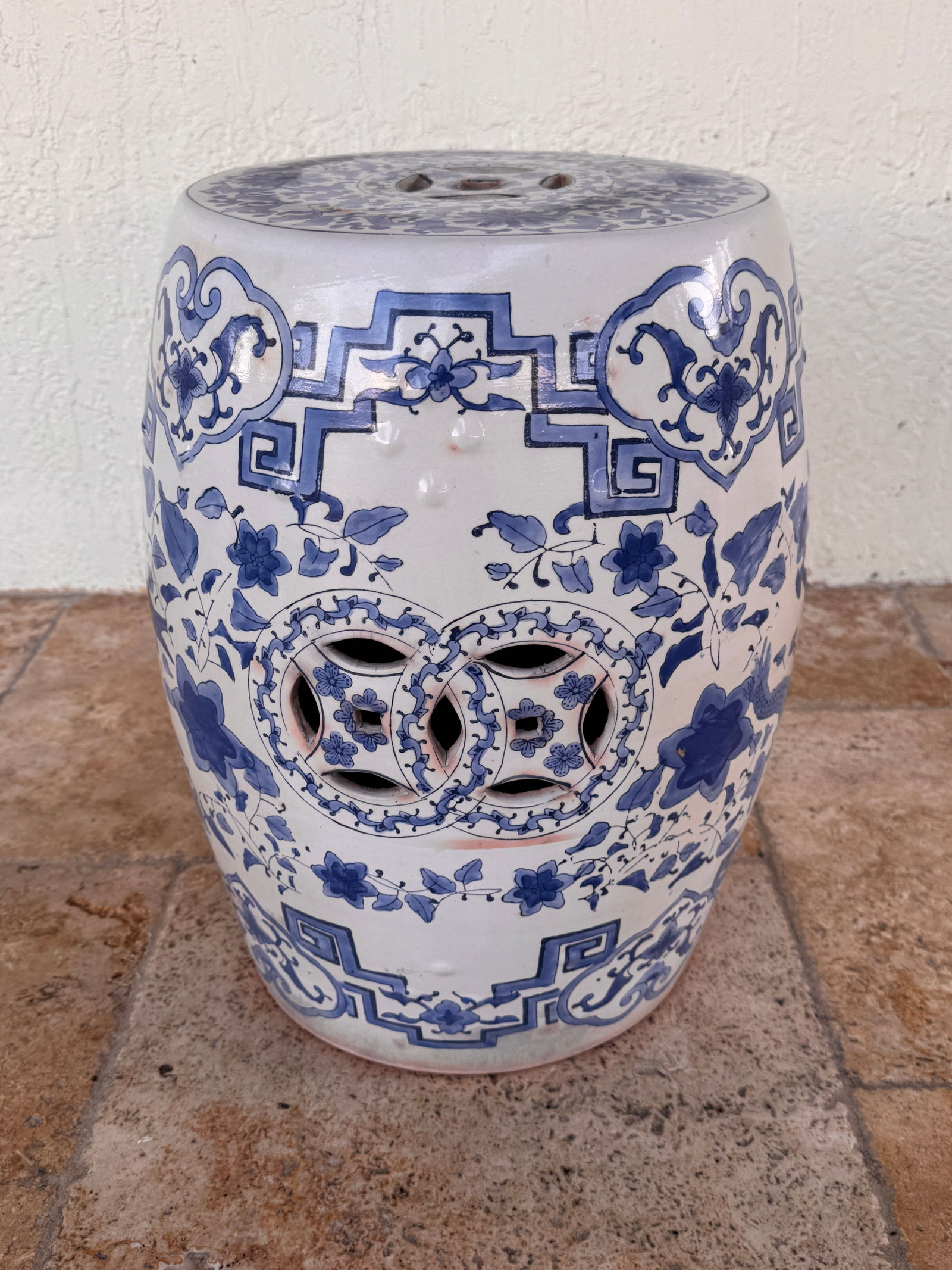 Vintage Terracotta Blue and White Chinese Garden Stool - 3