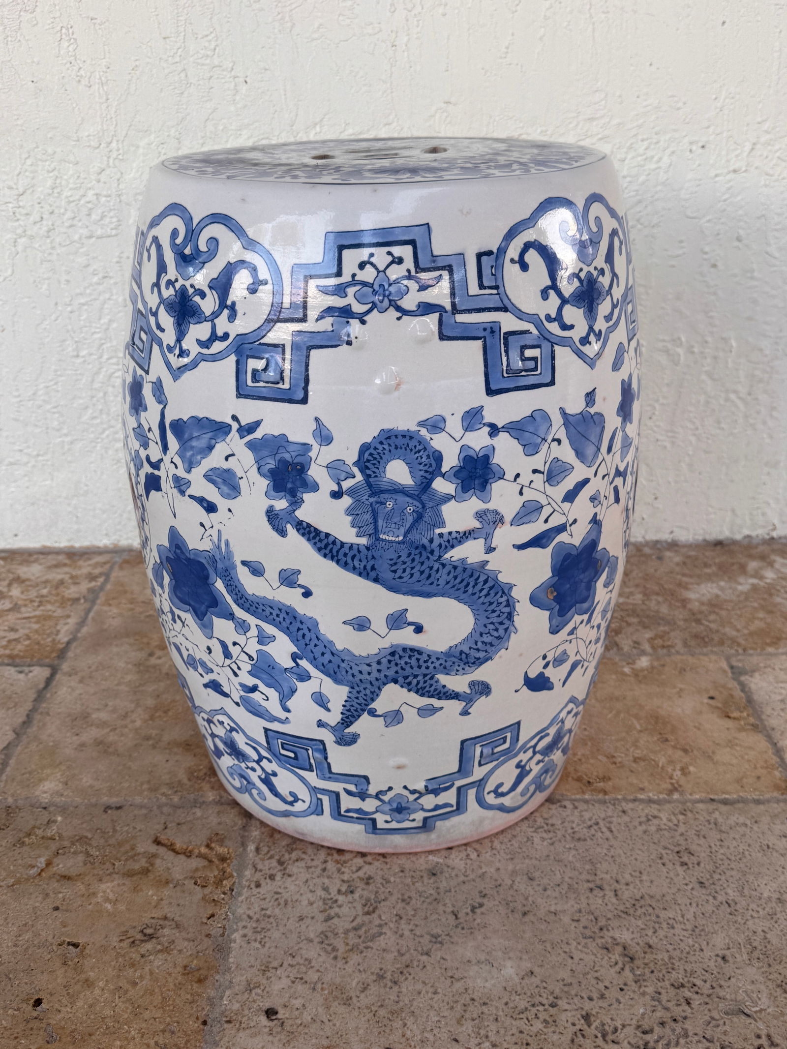 Vintage Terracotta Blue and White Chinese Garden Stool - 4