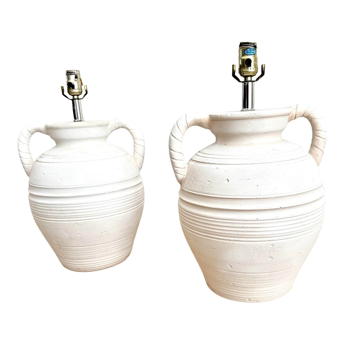 Rare Signed Sculptural, Hand-Made Danish Plaster Amphora Table Lamps by S + Mind, 1987, a Pair: Impactful and rare pair of sculptural plaster table lamps by S+Mind, signed and dated 1987 and hand made in Denmark. (The color is solid and consistent but appears slightly mottled in these photos