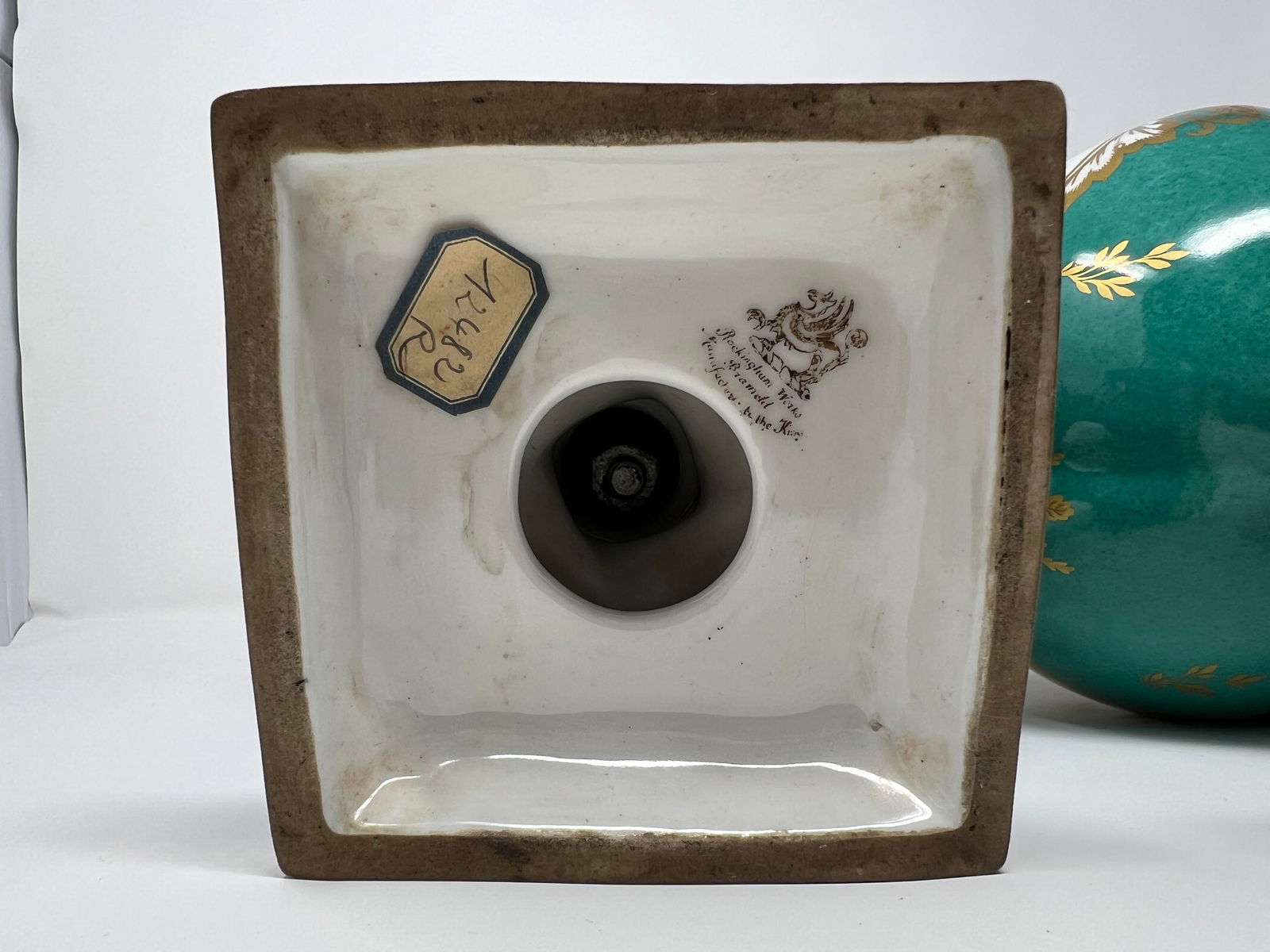 Pair of Antique English Rockingham Porcelain Vases, Hand Painted Floral, Gilt Turquoise Ground, C. 1 - 10