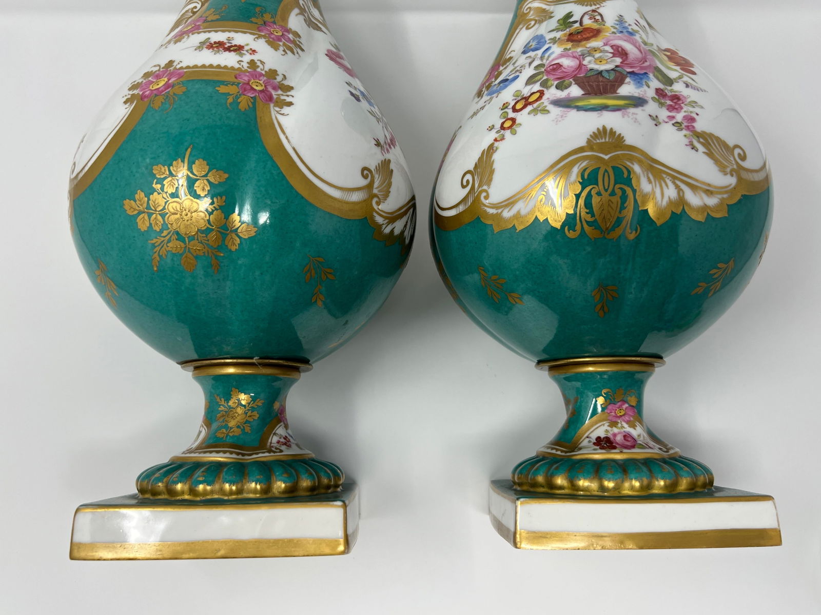 Pair of Antique English Rockingham Porcelain Vases, Hand Painted Floral, Gilt Turquoise Ground, C. 1 - 12