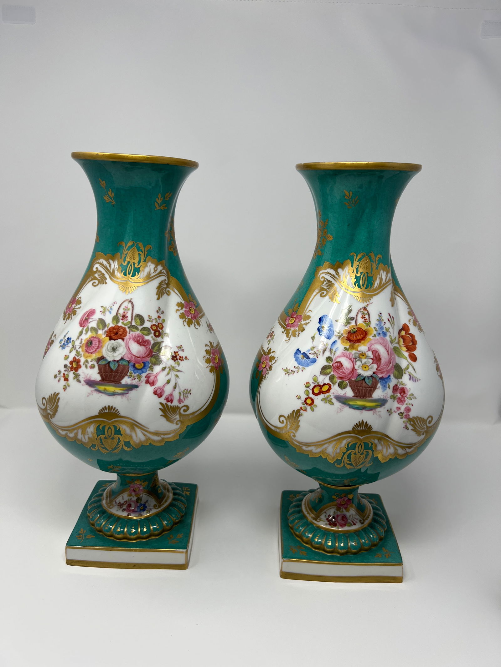 Pair of Antique English Rockingham Porcelain Vases, Hand Painted Floral, Gilt Turquoise Ground, C. 1 - 3