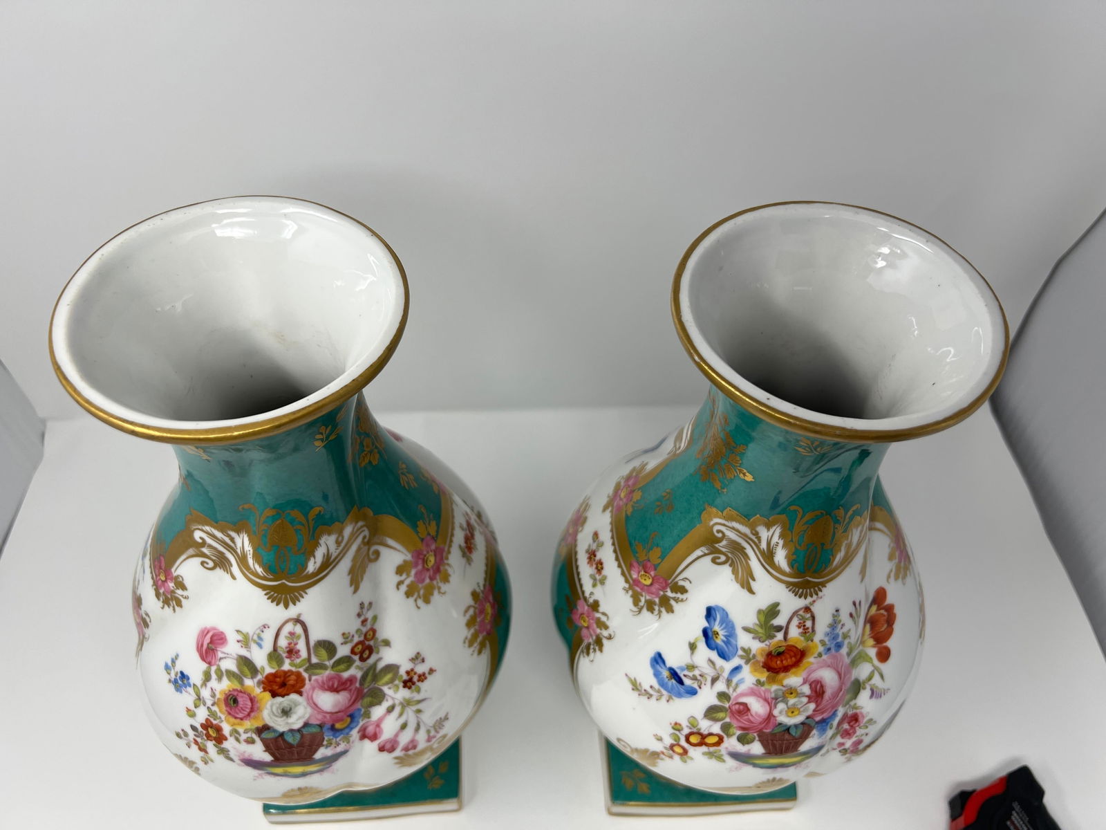 Pair of Antique English Rockingham Porcelain Vases, Hand Painted Floral, Gilt Turquoise Ground, C. 1 - 4