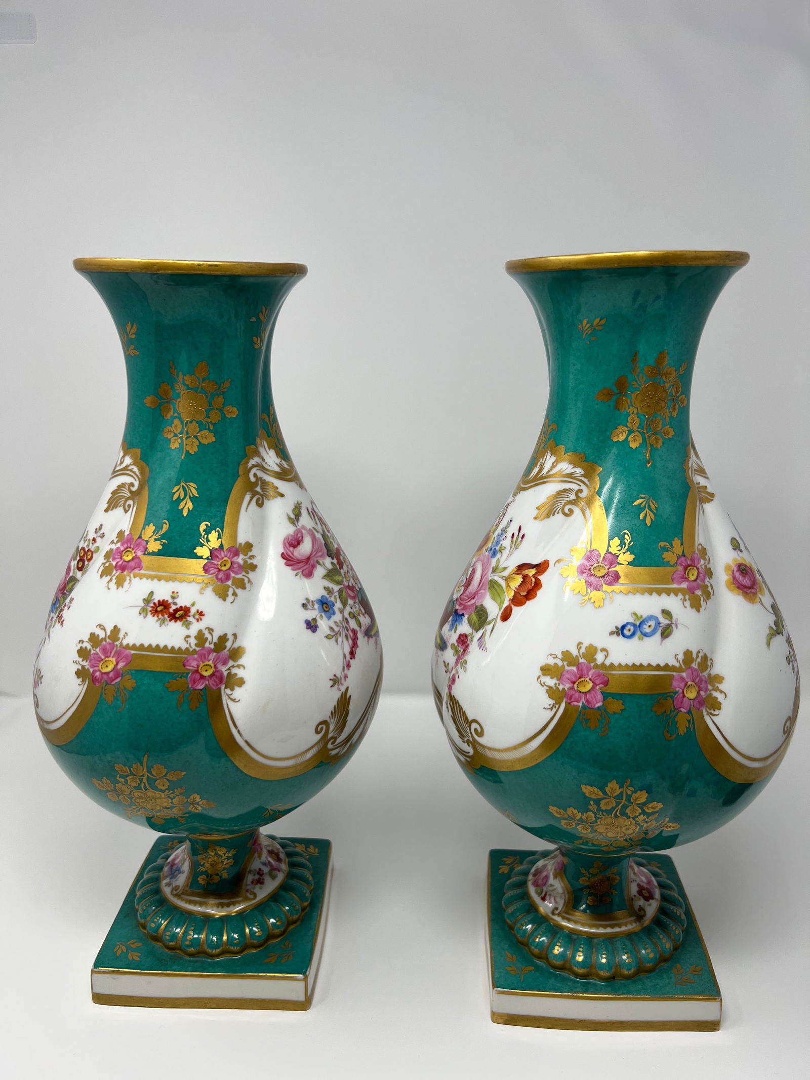Pair of Antique English Rockingham Porcelain Vases, Hand Painted Floral, Gilt Turquoise Ground, C. 1 - 5