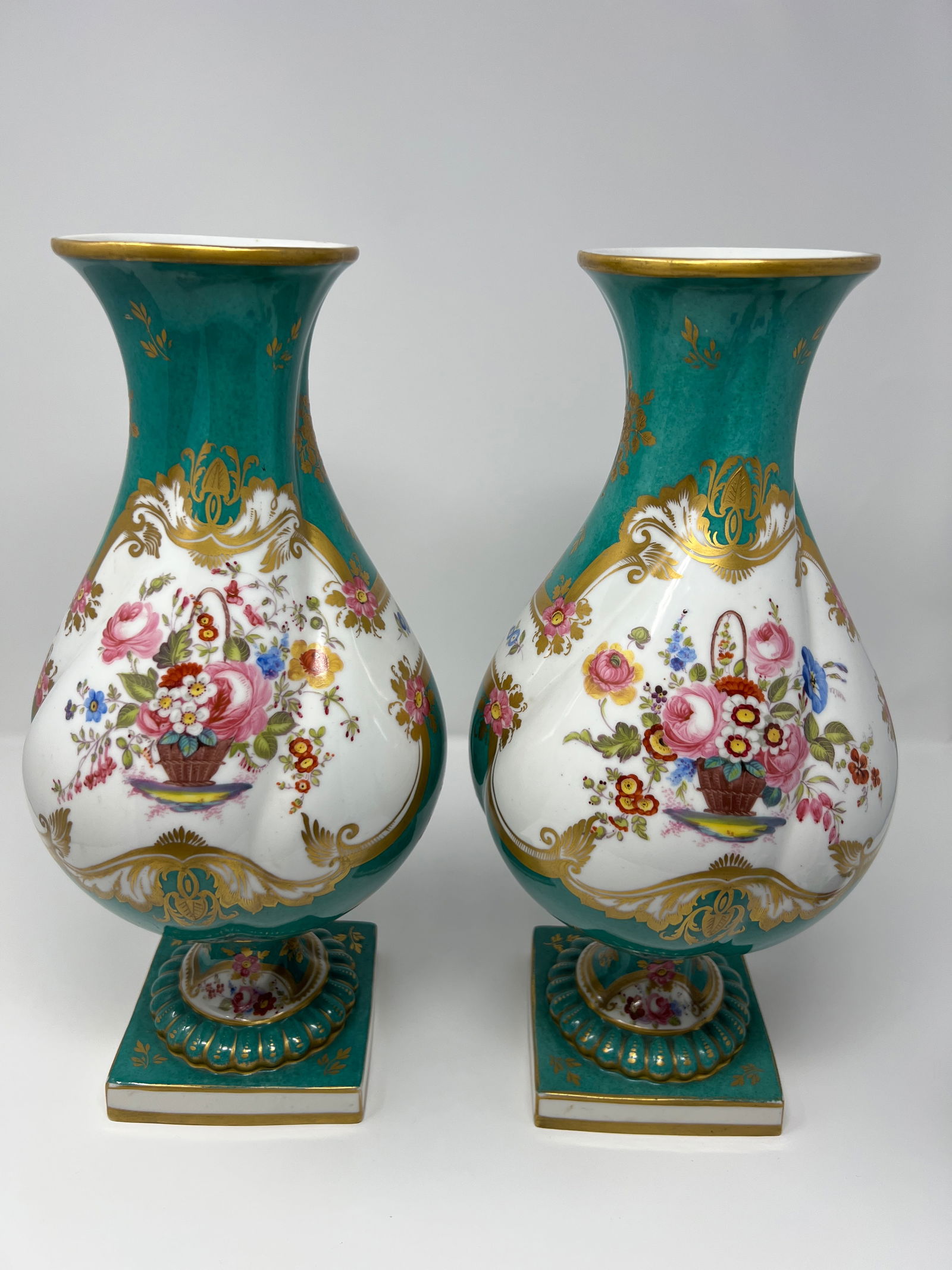 Pair of Antique English Rockingham Porcelain Vases, Hand Painted Floral, Gilt Turquoise Ground, C. 1 - 6