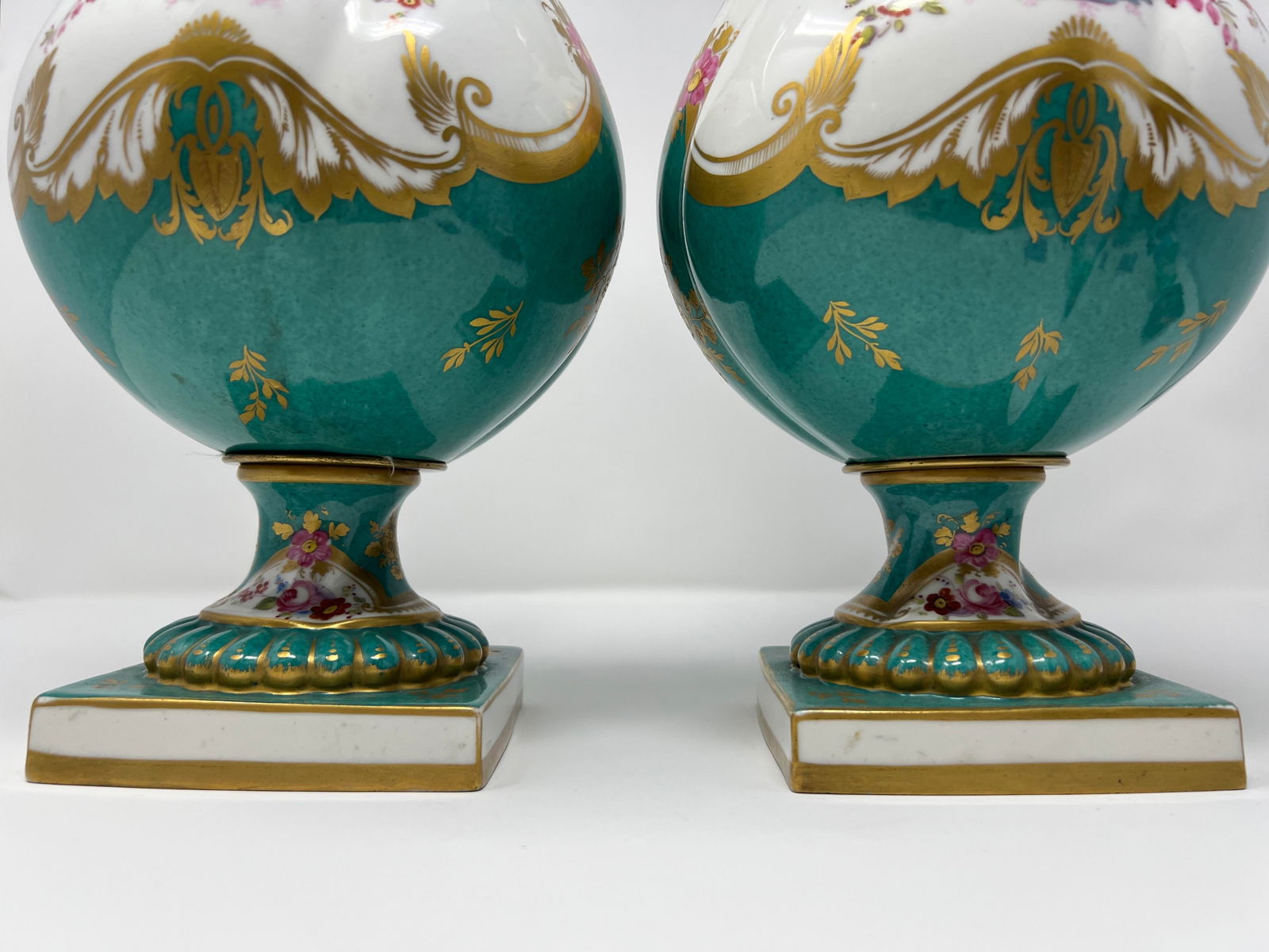 Pair of Antique English Rockingham Porcelain Vases, Hand Painted Floral, Gilt Turquoise Ground, C. 1 - 7