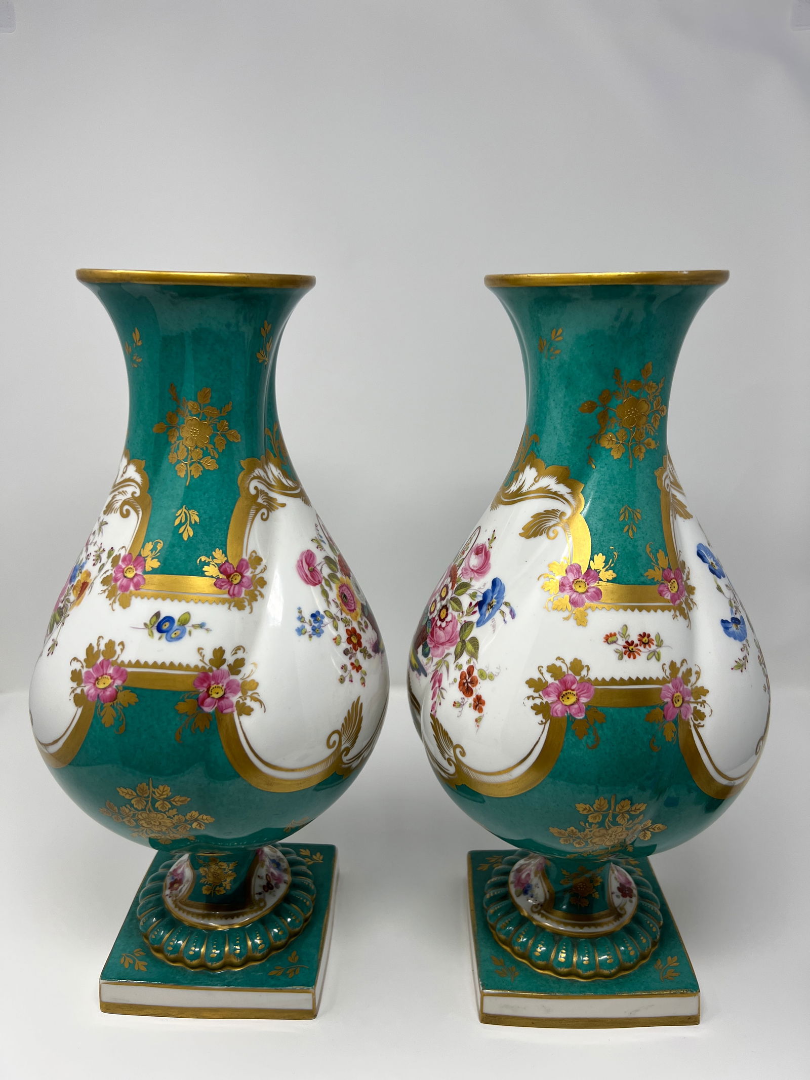 Pair of Antique English Rockingham Porcelain Vases, Hand Painted Floral, Gilt Turquoise Ground, C. 1 - 8