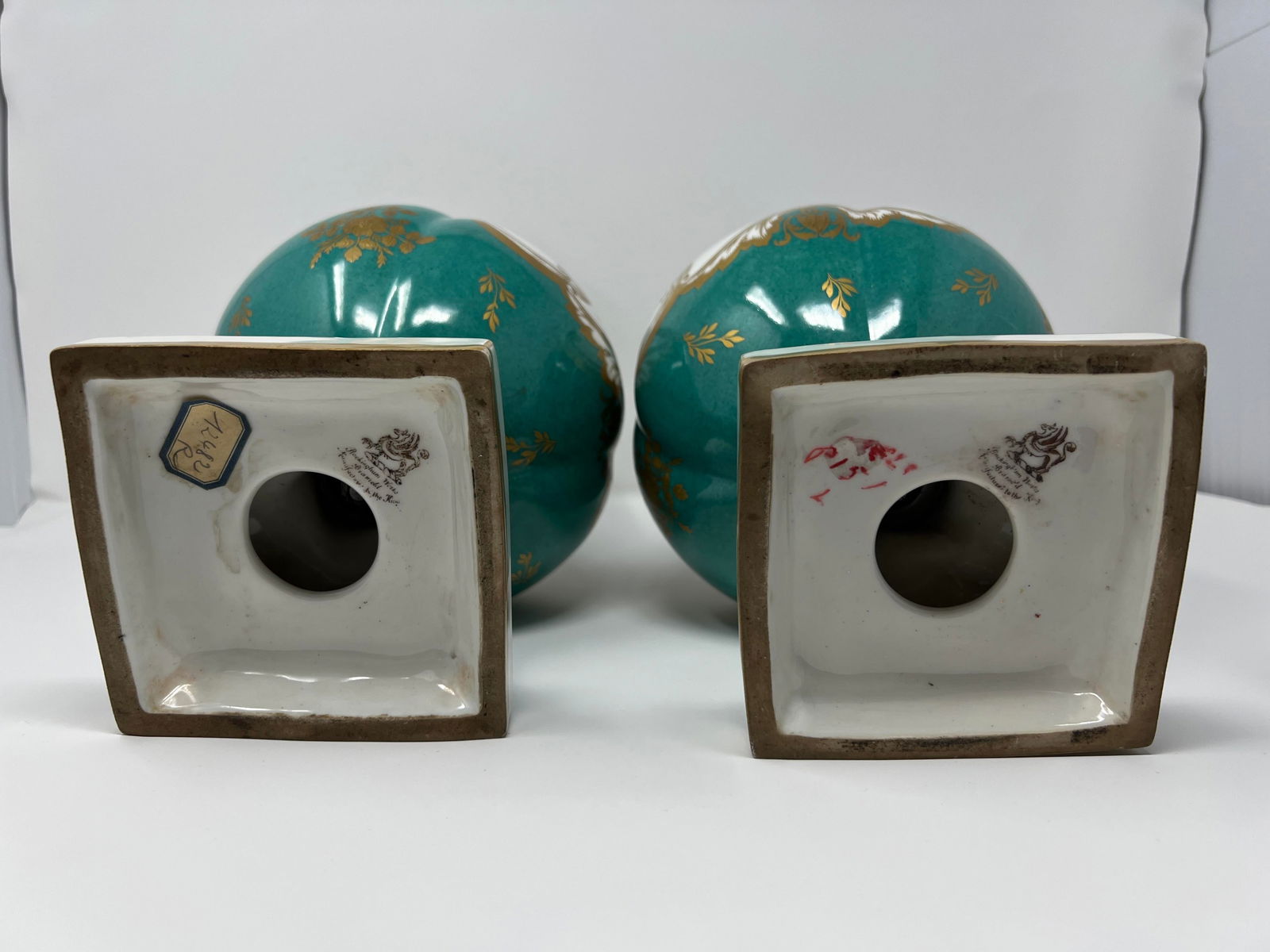 Pair of Antique English Rockingham Porcelain Vases, Hand Painted Floral, Gilt Turquoise Ground, C. 1 - 9