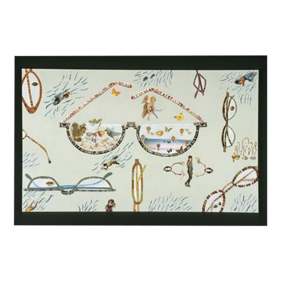 Very Large Intricate Collage Titled Diving Deep: Gorgeous striking large and detailed collage titled "Diving Deep" having floating reading glasses as a metaphor for looking deeper within ones psyche. Each pair of glasses has meticulous bits and