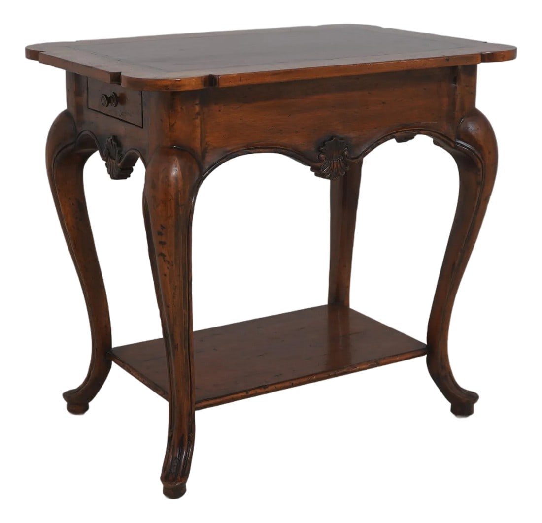 Henredon Mahogany French Provincial Side Table: Age Approx. 25 Years Old Details Factory Distressed Dovetailed Drawer Construction Fine Carved Details High Quality Construction Country French Style Stretcher Base Frame Shelf One Drawer Two Tiers S