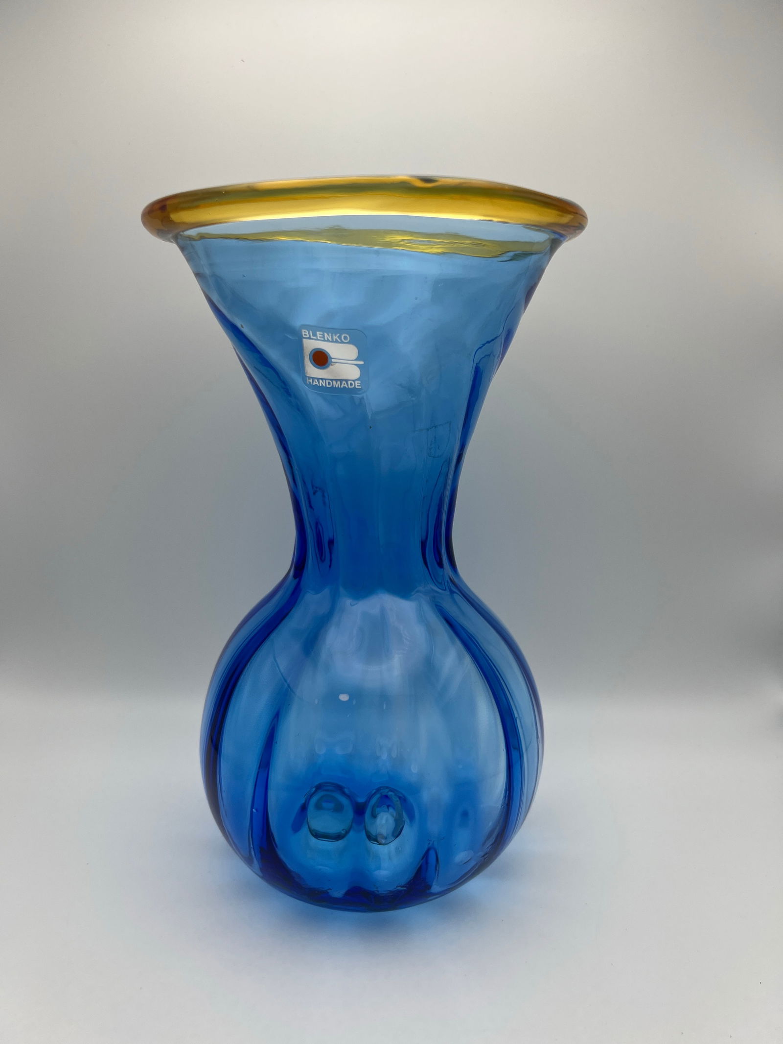 Vintage Blenko Hand-Blown Cobalt Blue Art Glass Vase With Amber Rim, Mid-Century Modern - 2