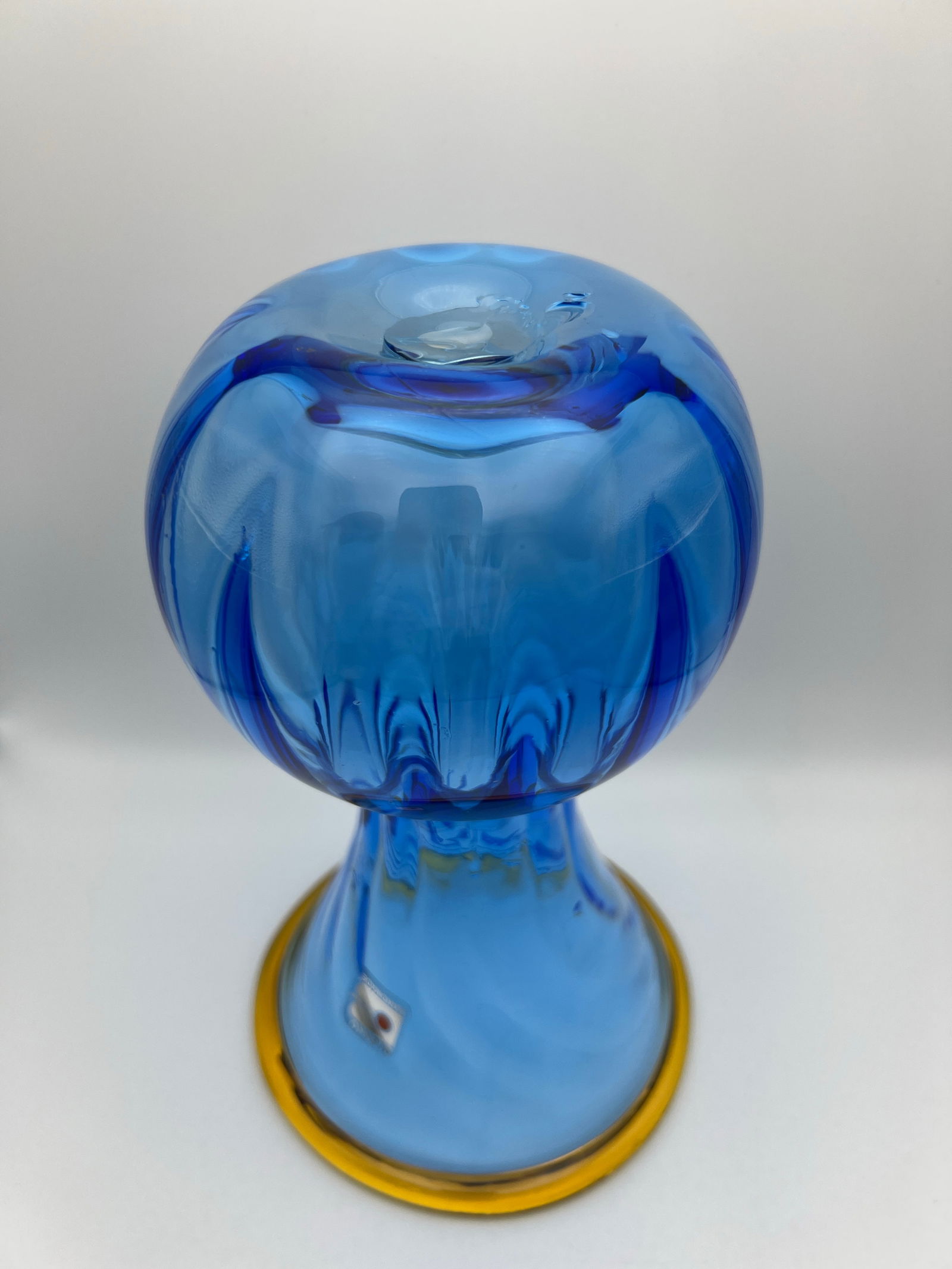 Vintage Blenko Hand-Blown Cobalt Blue Art Glass Vase With Amber Rim, Mid-Century Modern - 6