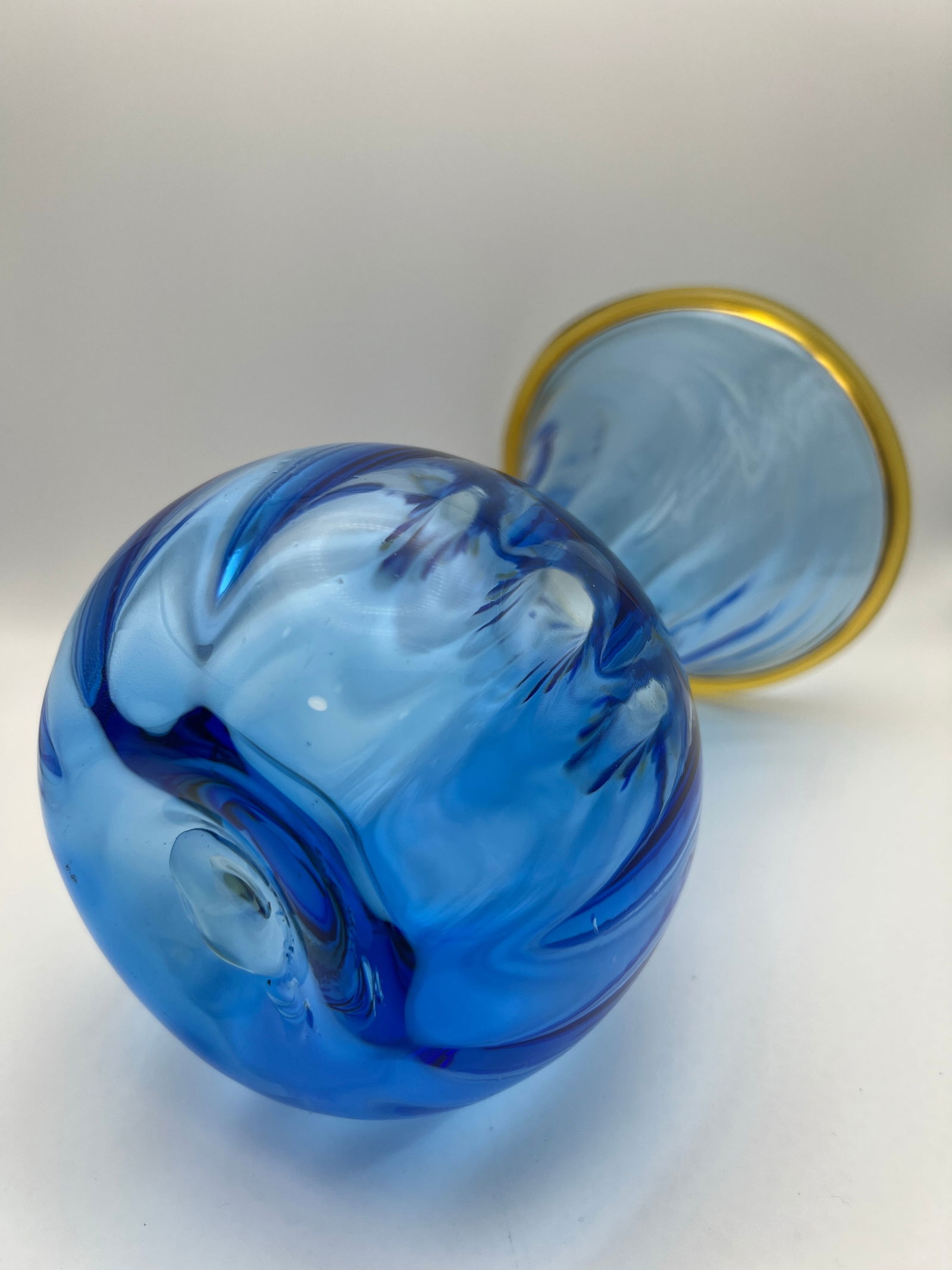Vintage Blenko Hand-Blown Cobalt Blue Art Glass Vase With Amber Rim, Mid-Century Modern - 7