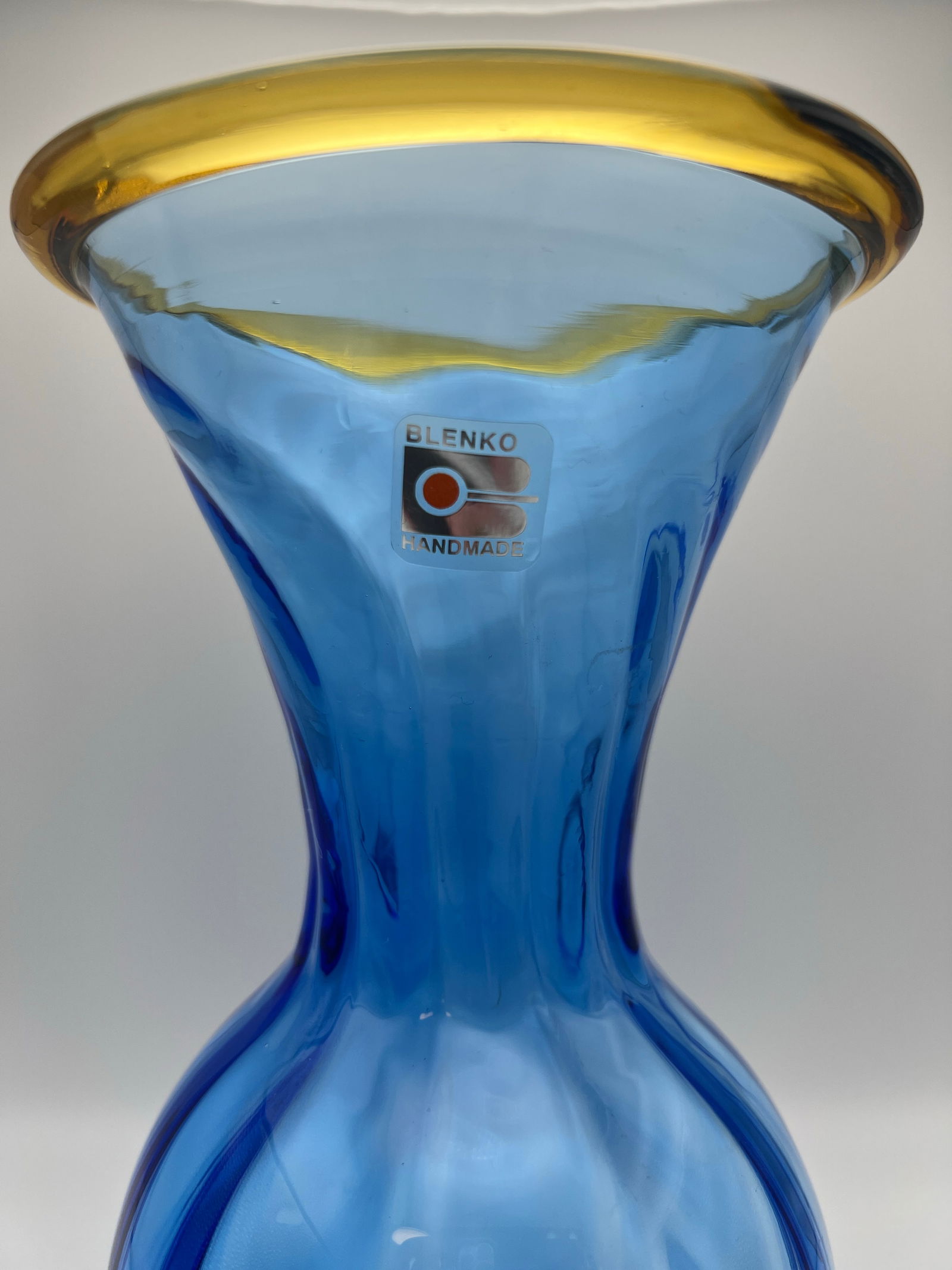 Vintage Blenko Hand-Blown Cobalt Blue Art Glass Vase With Amber Rim, Mid-Century Modern - 8