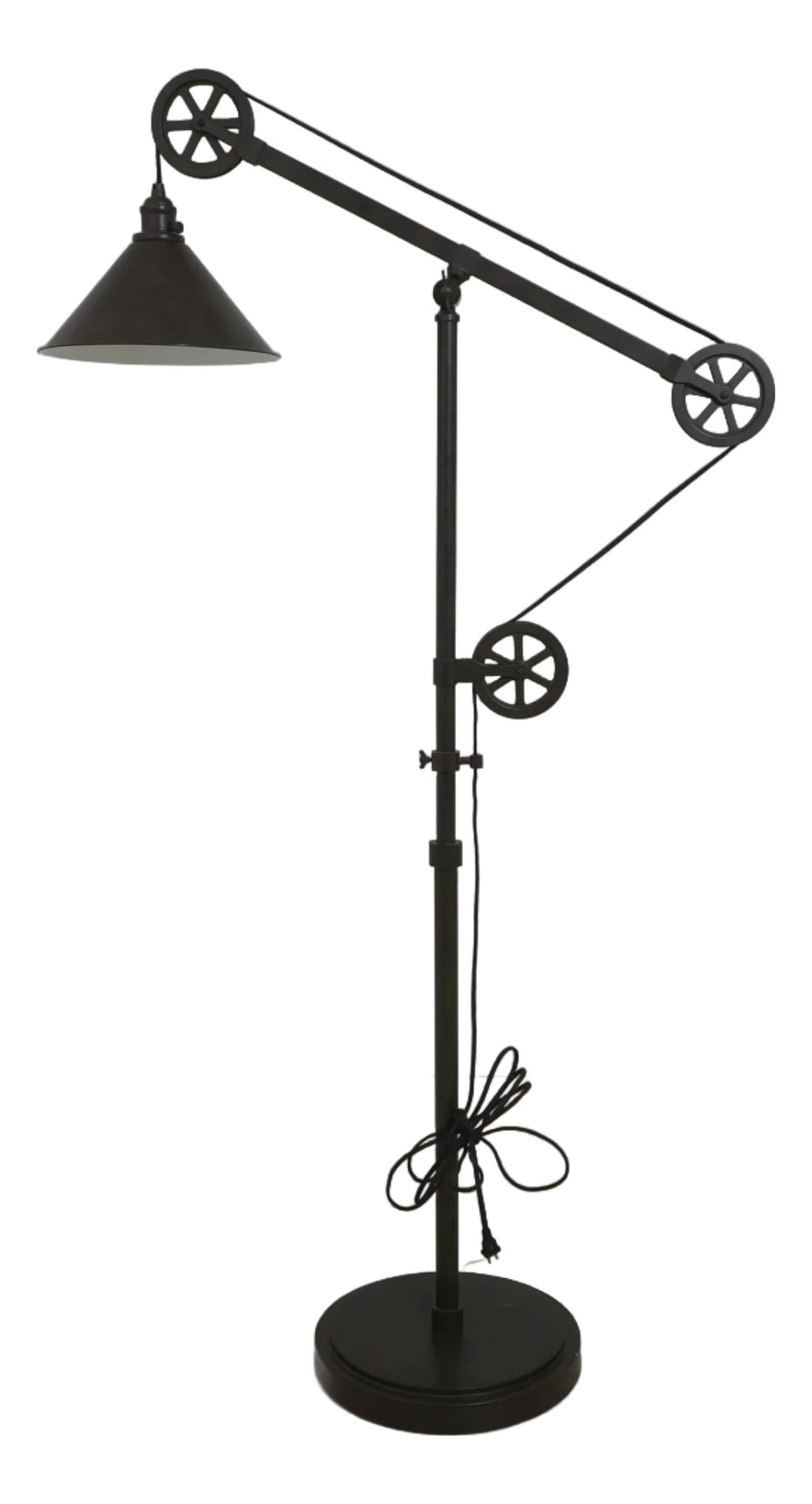Restoration Hardware Industrial Pulley Floor Lamp: Age Approx. 30 Years Old Details Quality Construction Traditional Style Patina To Metal Adjustable Height And Arm Unmarked As To Manufacturer Offered At A Fraction Of The Original Retail Cost