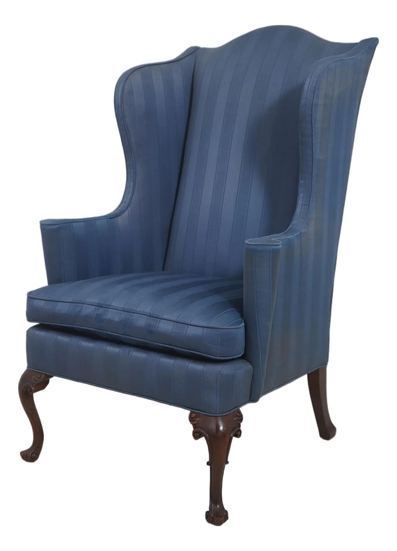 Southwood Blue Upholstered French Foot Mahogany Wing Chair: Age Approx. 25 Years Old Details Solid Mahogany High Quality Construction Chippendale Style Condition Excellent Original Finish And Condition Minor Wear To Upholstery On Front Of Seat Cushion Size 31.
