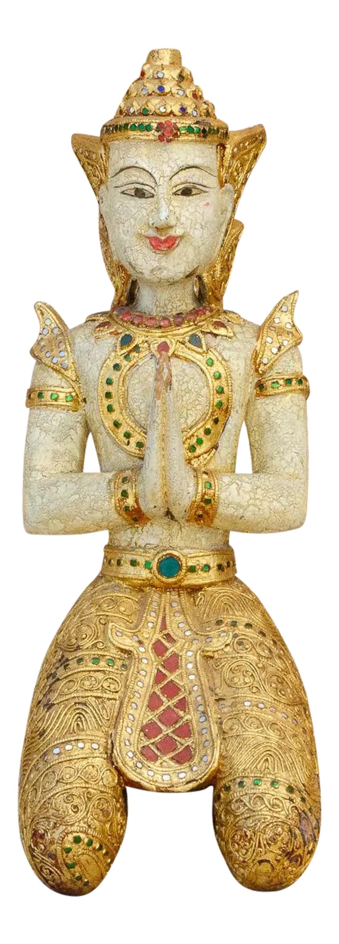 Vintage Burma Gilt & White Kneeling Buddha: Intricately carved kneeling Buddha with a multicolor bejeweled design. This vintage statue features a finely painted face with its hands in praying position. This statue retains its original gilded