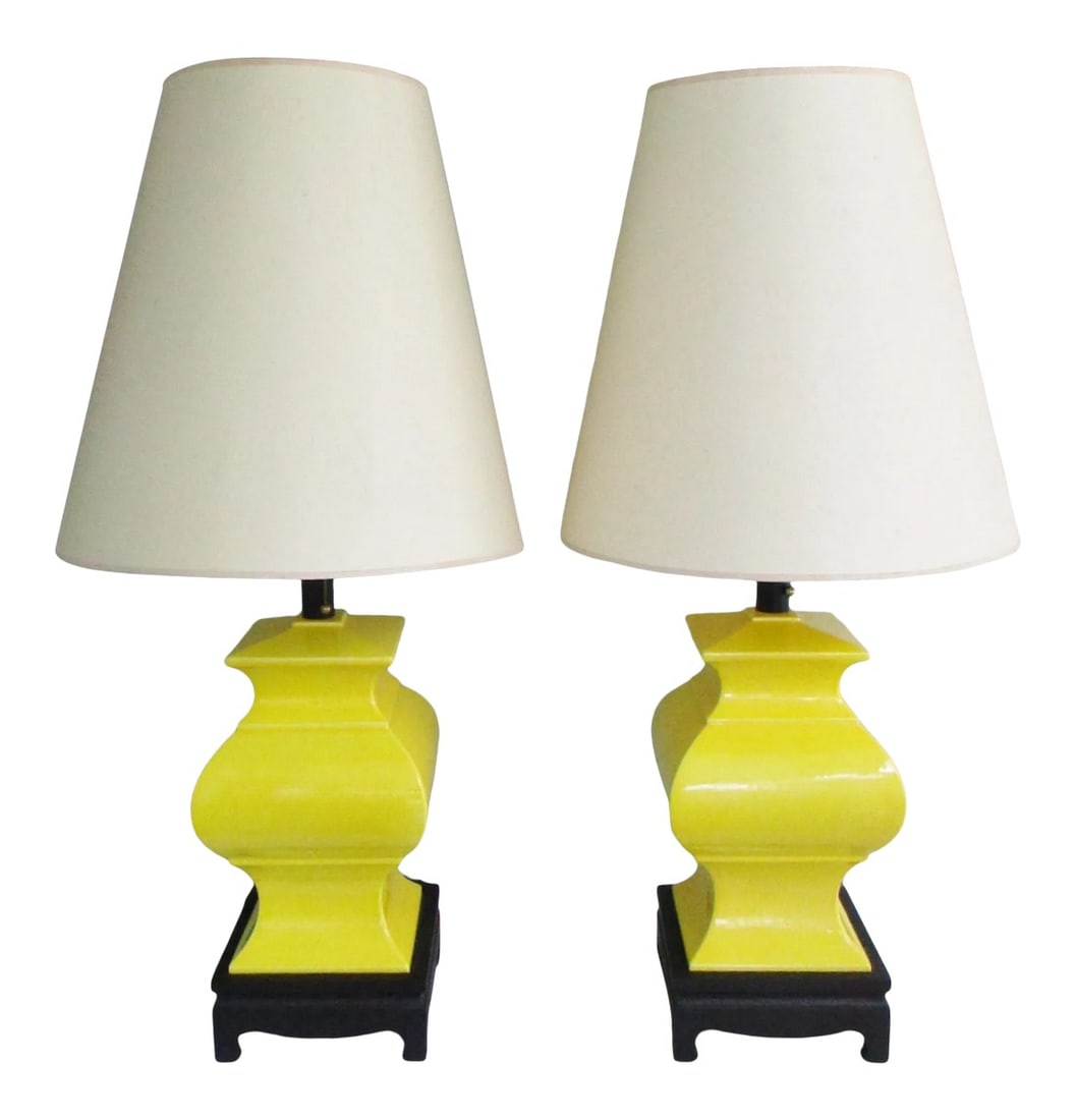 Mid-Century Modern Chapman Yellow Chinoiserie Table Lamps With Original Shades - a Pair: Matched Pair of Mid-Century Modern Chapman Yellow Chinoiserie Table Lamps with Original Shades This bright yellow Mid Century Chinoiserie style table lamp is in the shape of an Oriental jar or urn. 