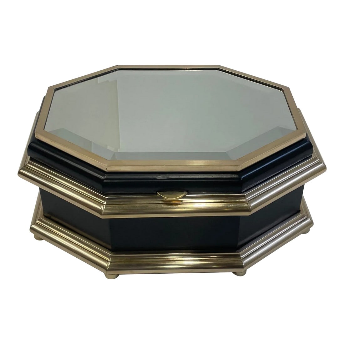 Chapman Black Laquer Brass & Mirrored Octagonal Oblong Treasure Box: Sumptuous large black enamel box by Chapman having a marvelous interesting 8 sided oblong shape, mirrored top, brass decoration and plush velvet interior. Condition: Alterations: Original Condition