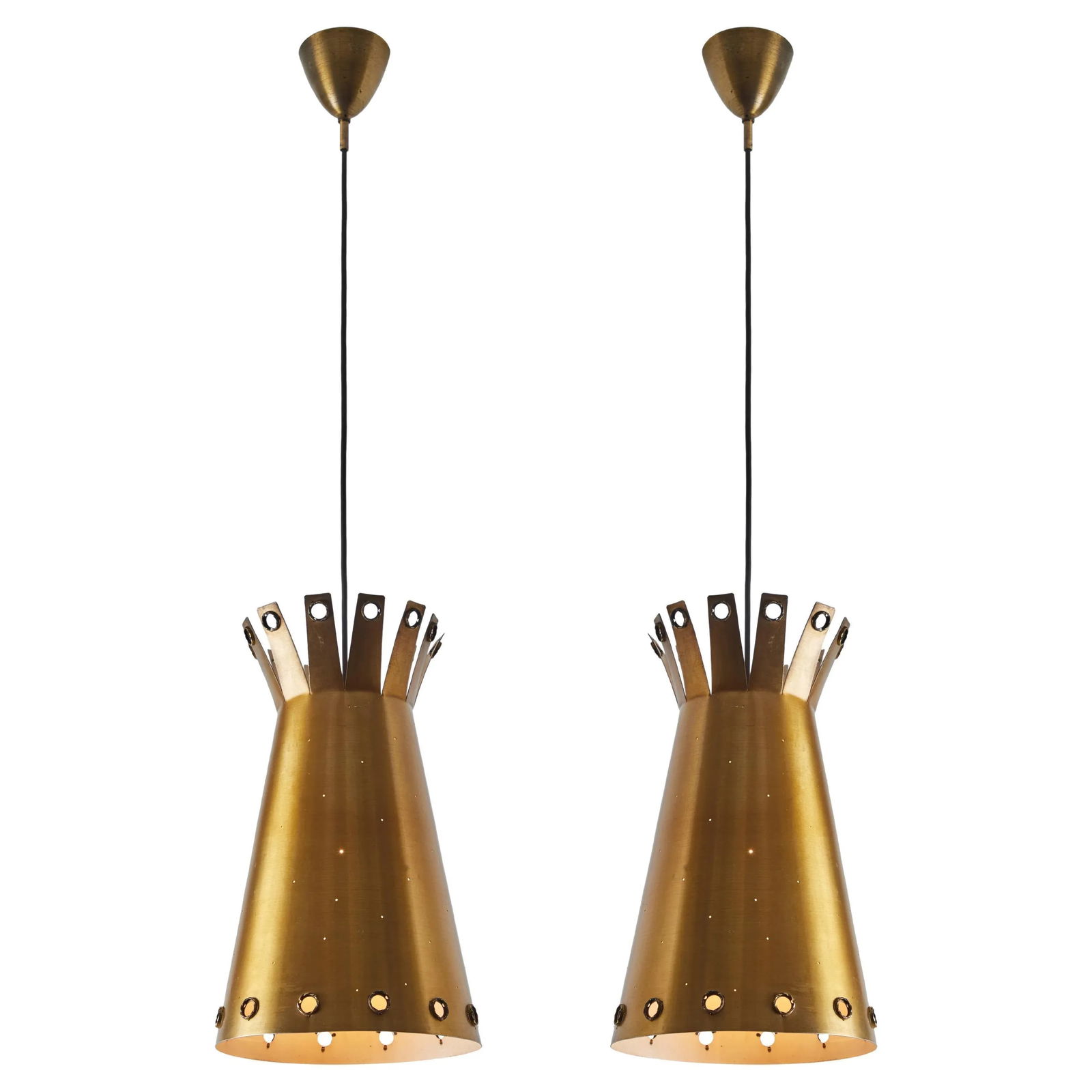 Large 1950s Italian Perforated Brass Double-Cone Pendant - 11