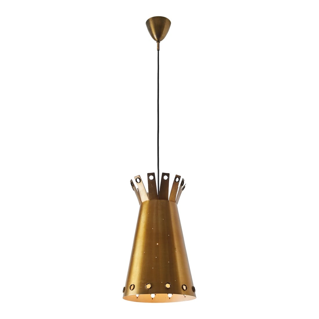 Large 1950s Italian Perforated Brass Double-Cone Pendant: Large 1950s Italian perforated brass double-cone pendant attributed to Stilnovo. A highly functional and refined suspension light of attractive scale and incomparable refinement, executed in richly