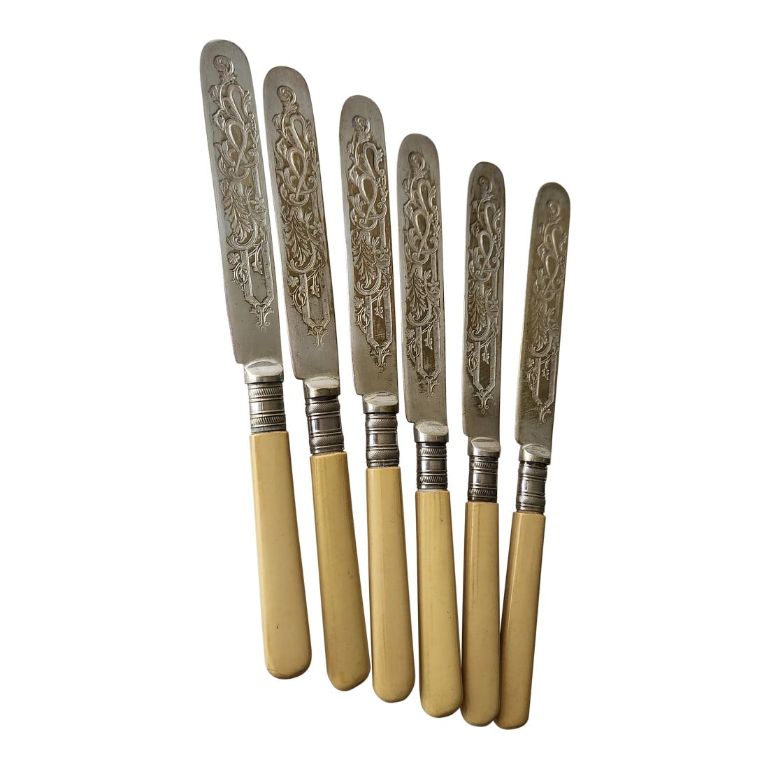 Antique English Sheffield Epns A1 Silverplate Butter Knives Set of 6: AMBIANIC presents Six Antique English Knives Antique English Sheffield EPNS A1 Silverplate Six Butter Knives Decorative Pattern & Faux Bone Hallmarked at collar EPNS A1 Tea cheese butter knives