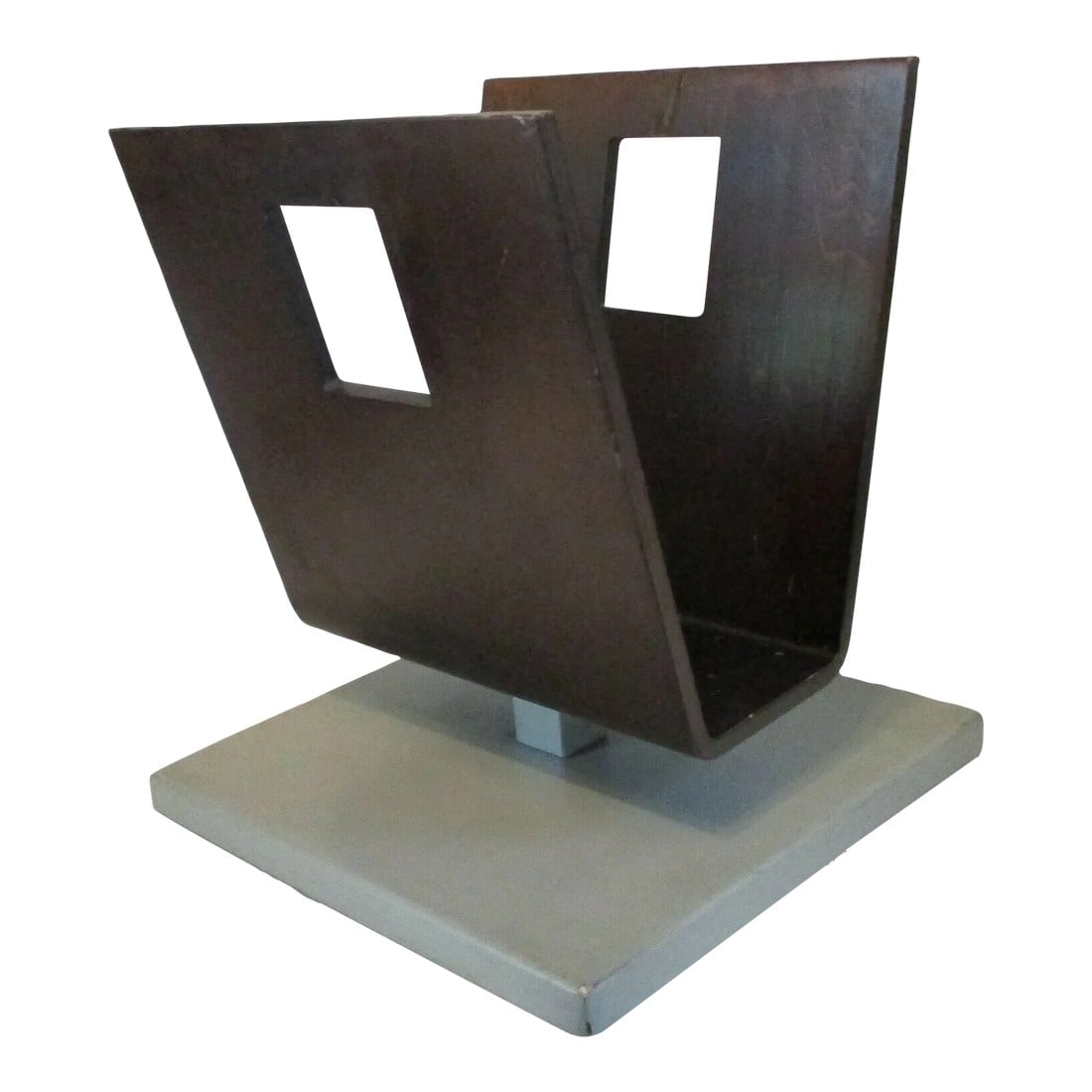 Mid-Century Modern Industrial Age Wood and Steel Magazine Rack: Mid-Century Modern Industrial Age Wood and Steel Magazine Rack It adjustable leveling feet. Measures 15.50" tall with a 13.75" square base. Style: Mid-Century Modern Original/Reproduction: Original 