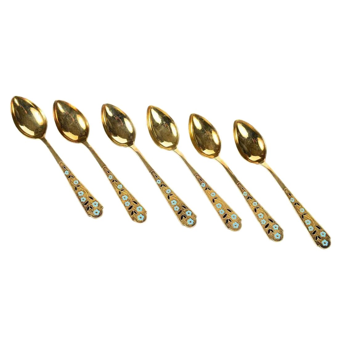 Russian Gilt Silver & Enamel Spoons - Set of 6: Here is a fabulous set of six (6) Russian gilt silver & enamel spoons. This shiny set has a lovely golden color with turquoise floral accents. Condition: Condition Notes: Excellent - Minor wear