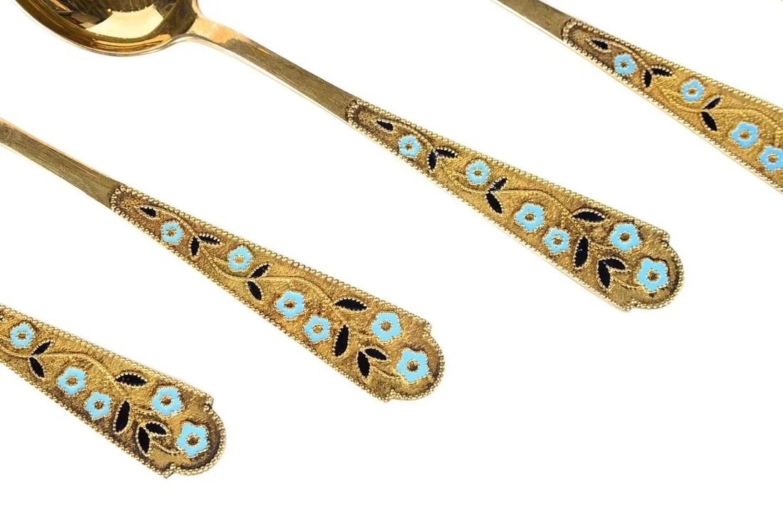 Russian Gilt Silver & Enamel Spoons - Set of 6 - 2