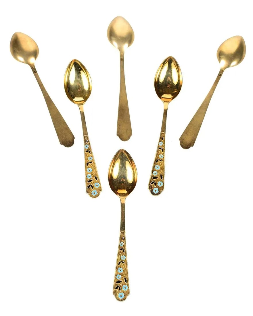 Russian Gilt Silver & Enamel Spoons - Set of 6 - 5