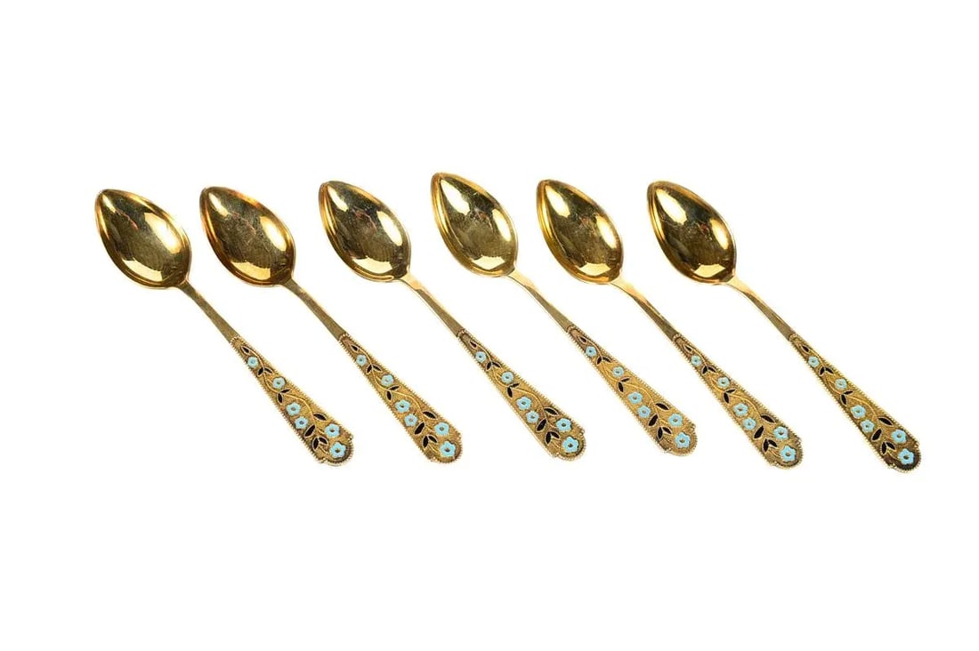 Russian Gilt Silver & Enamel Spoons - Set of 6 - 7