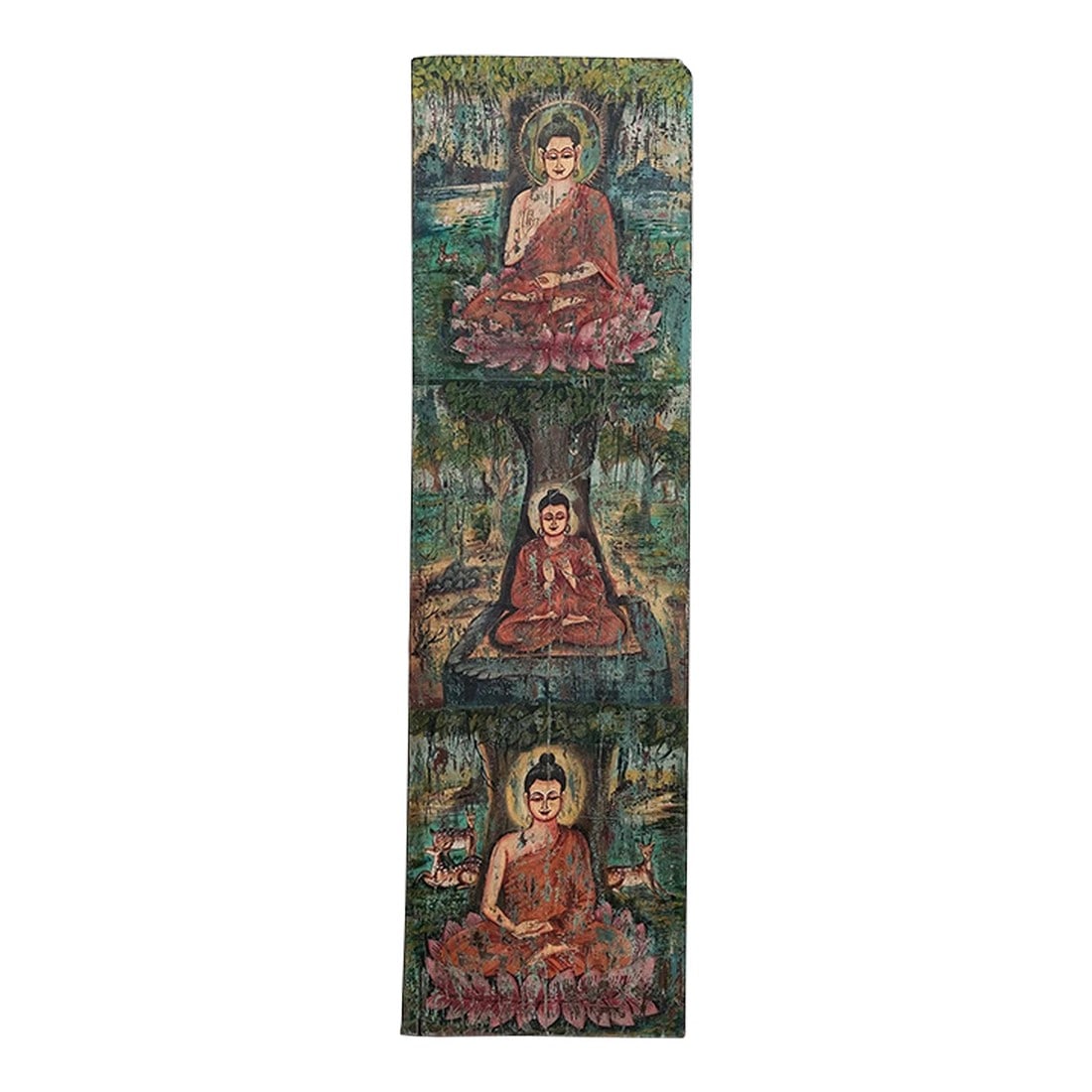 Vintage "Buddha" Hand Painted Solid Wood Wall Art Panel: Dimensions: 21" W x 1.5" D x 74" H Features: "• A rare piece and one of its kind exists "• 100% solid wood base "• Hand painted by artist "• Eclectic transitional style