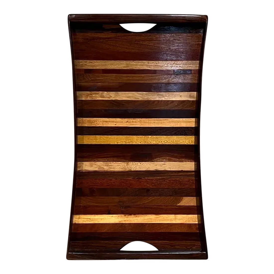 1970s Don Shoemaker for Señal Service Tray Exotic Wood: For your consideration, a service tray by Don Shoemaker produced by Señal in Mexico 1970s rich medley of exotic woods. Cut out handle design for easy carry. Discreet mounting hardware is affixed to
