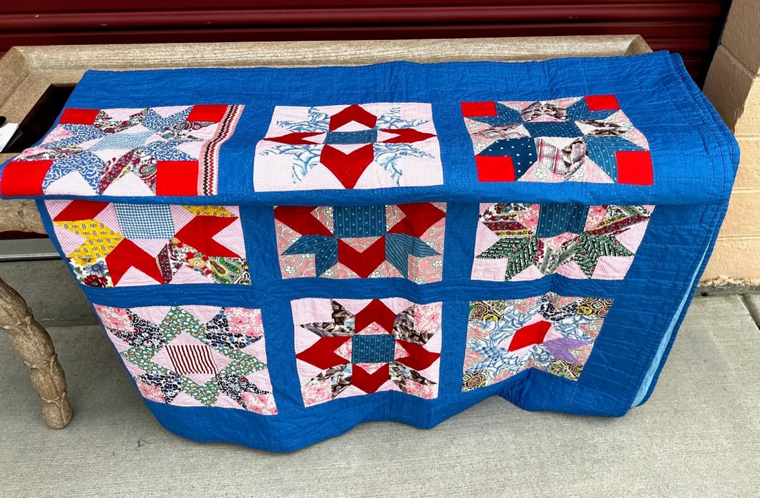 Vintage Handmade Blue Multi-Color Star Pattern Quilt - 2