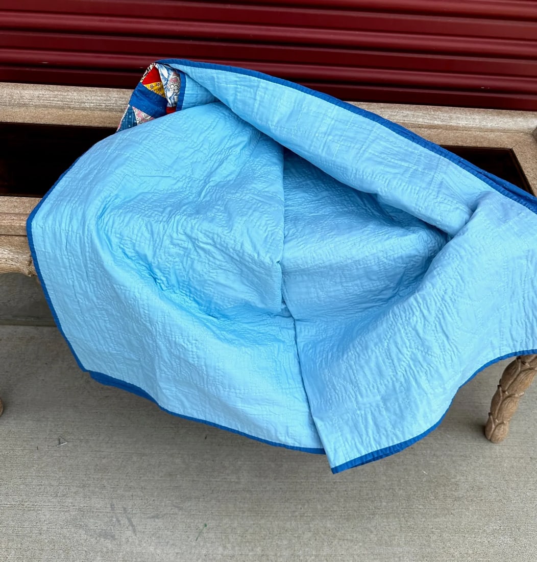 Vintage Handmade Blue Multi-Color Star Pattern Quilt - 3