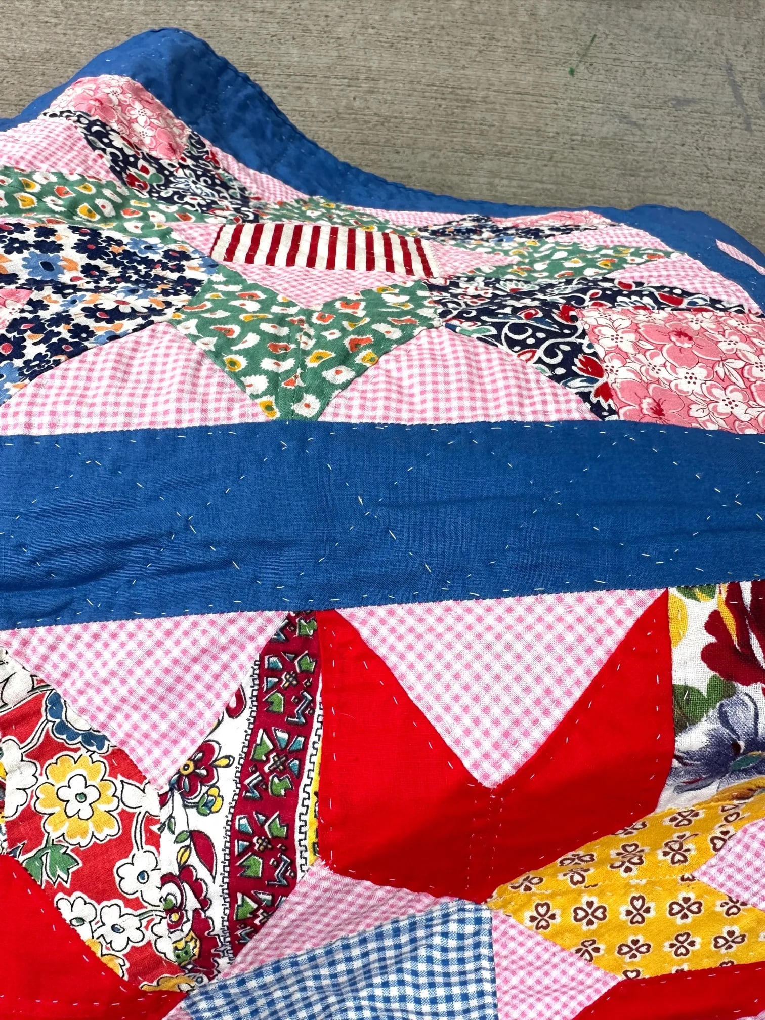 Vintage Handmade Blue Multi-Color Star Pattern Quilt - 5