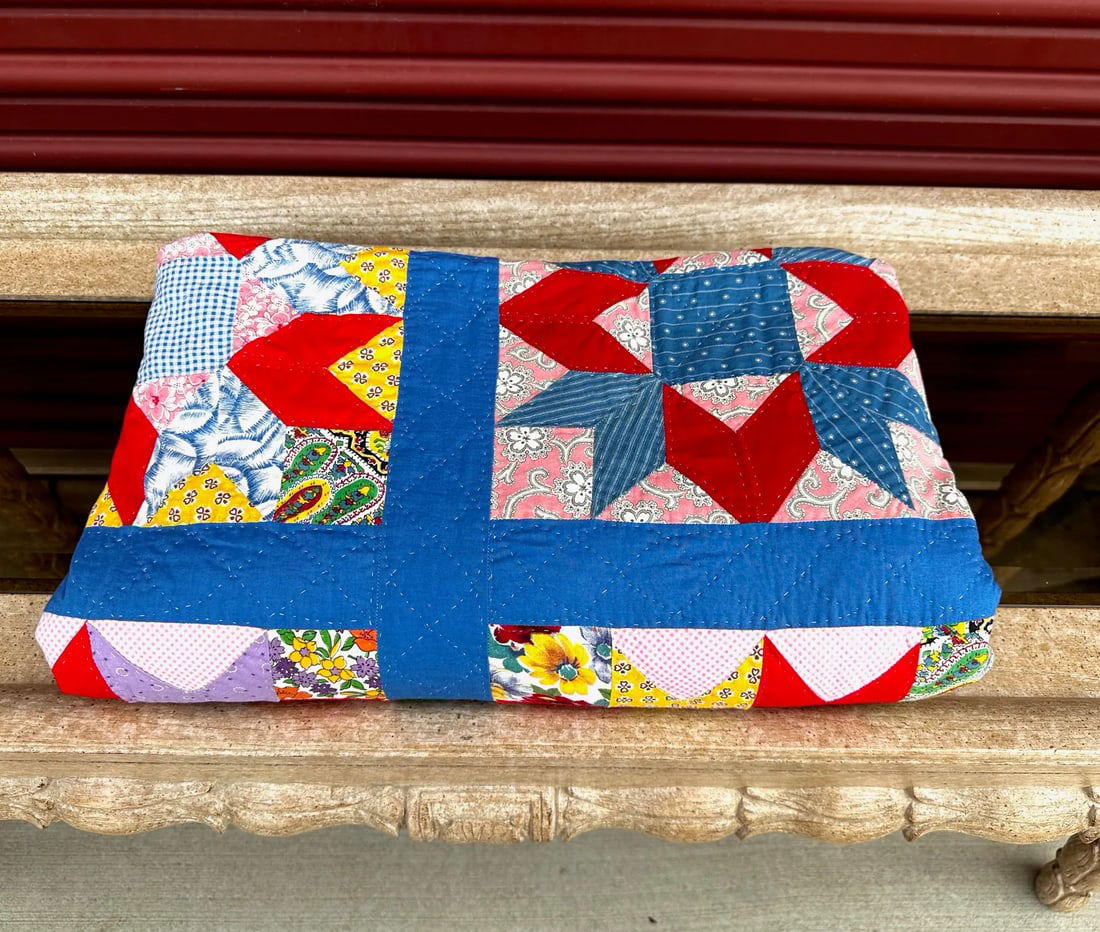 Vintage Handmade Blue Multi-Color Star Pattern Quilt - 6