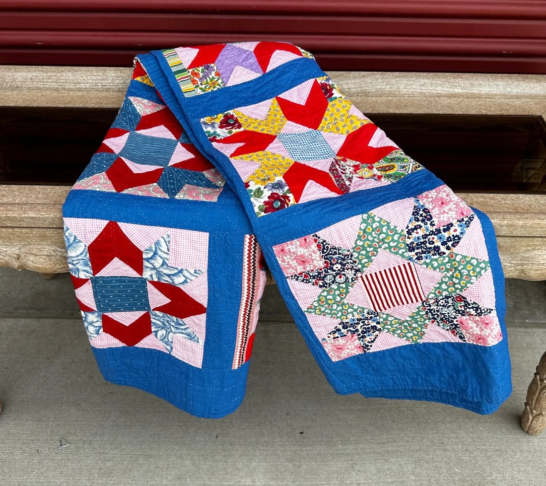 Vintage Handmade Blue Multi-Color Star Pattern Quilt - 8